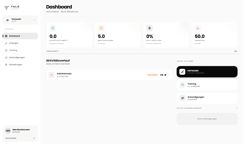 Talo Dashboard für Punktevergabe, Genehmigungen und Mitgliederverwaltung im Verein